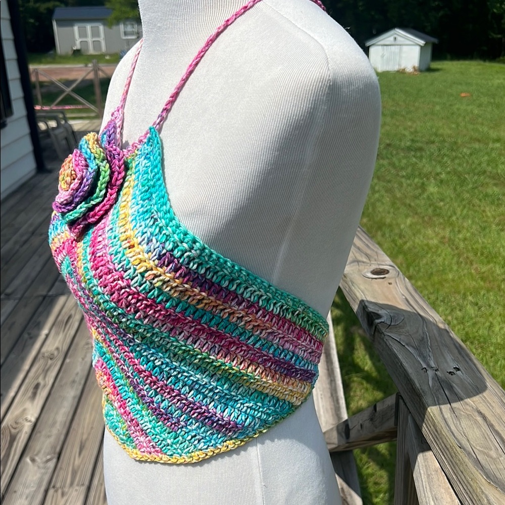 Colorful Crochet Halter Top with Rose Detail Handmade - Picture 5 of 6